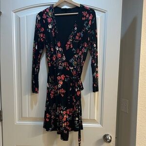 LOFT Black and Red Floral Long Sleeve Wrap Dress